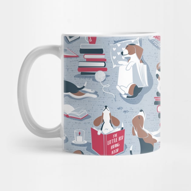 Life is better with books a hot drink and a friend // pattern // blue background brown white and blue beagles and cats and red cozy details by SelmaCardoso